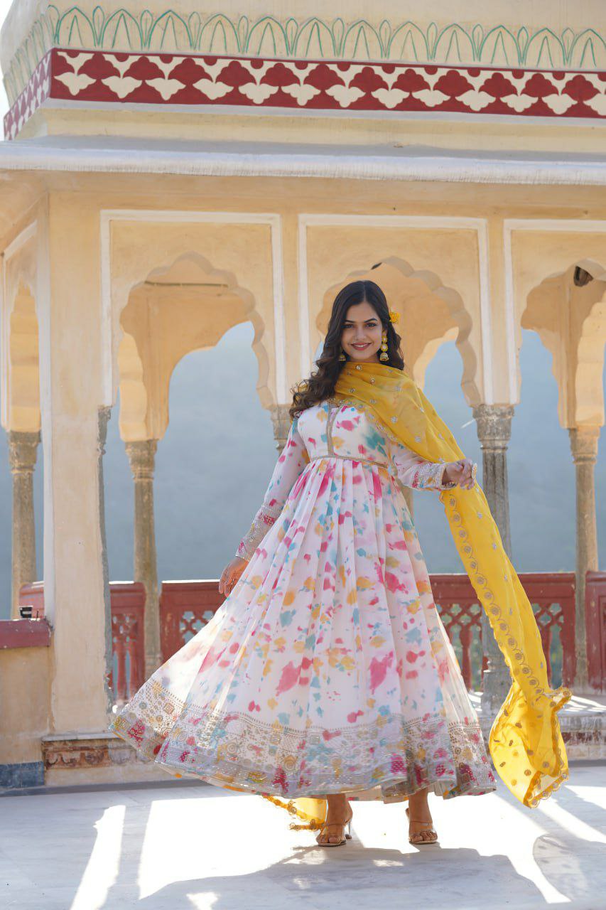 Anarkali suit set Digital printed Russian silk With  Embroidery Zari Sequins-work