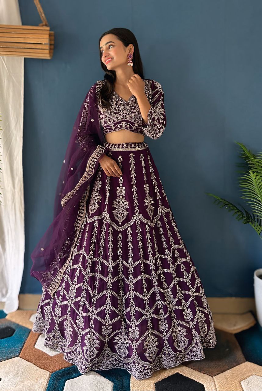 LEHNGA : FAUX GEORGEET WITH EMBROIDERY SEQUENCE DESIGN WORK