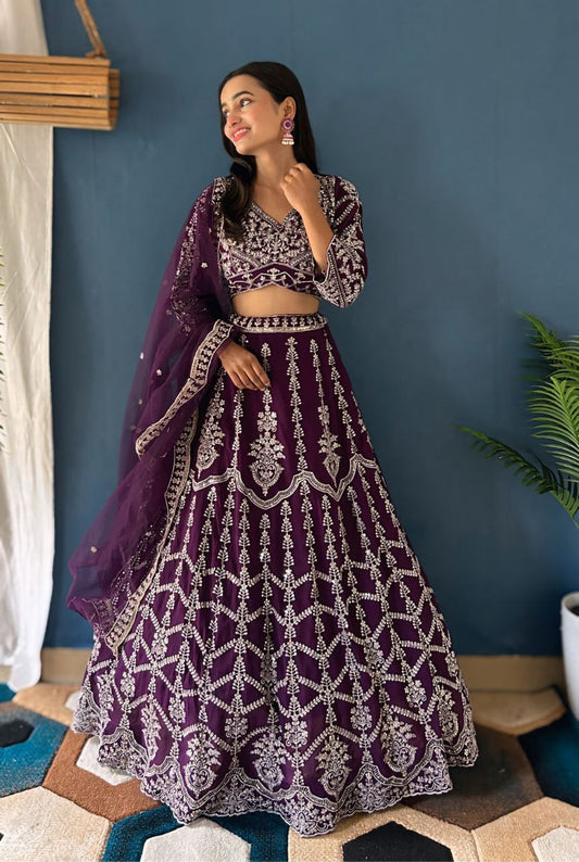 LEHNGA : FAUX GEORGEET WITH EMBROIDERY SEQUENCE DESIGN WORK