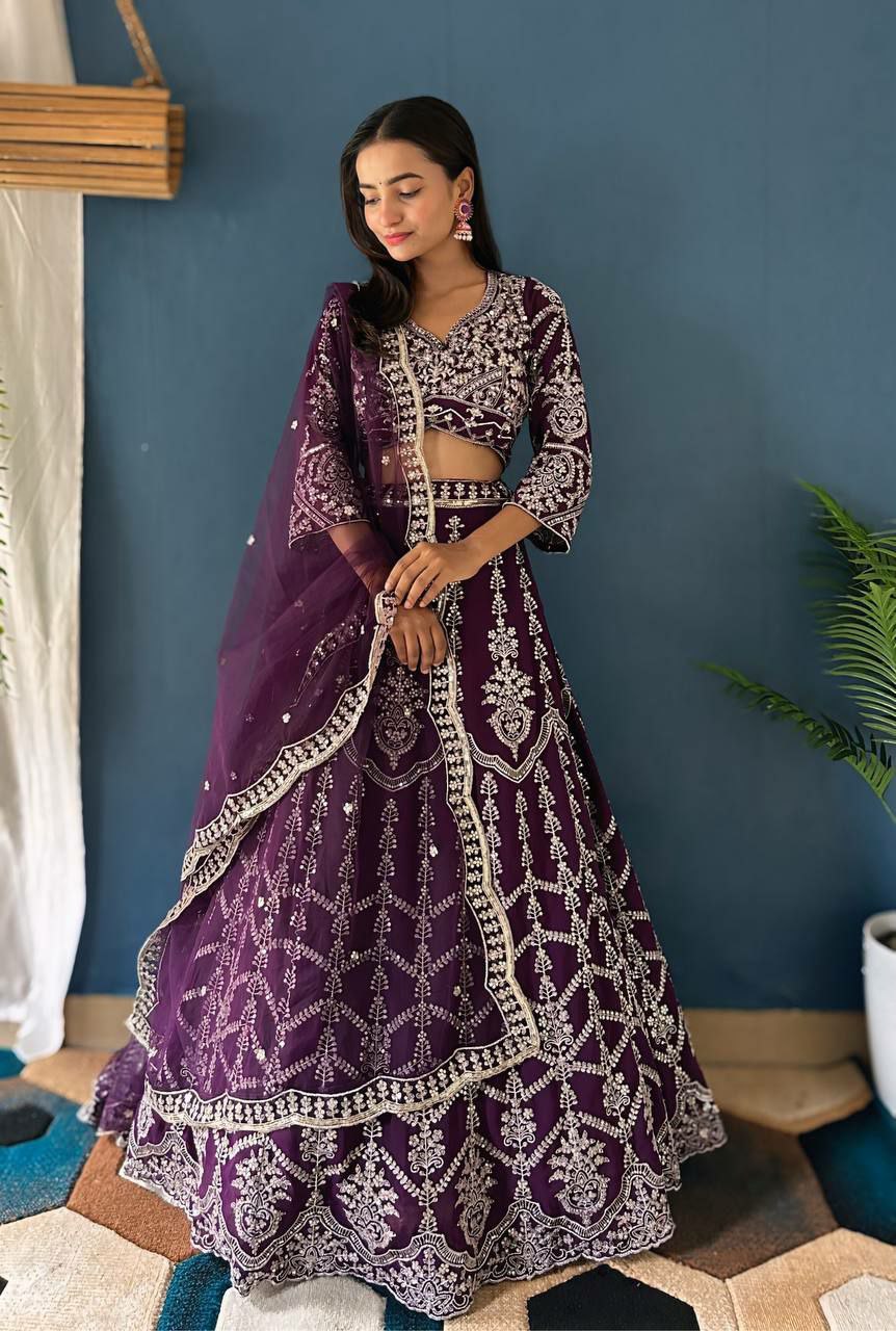 LEHNGA : FAUX GEORGEET WITH EMBROIDERY SEQUENCE DESIGN WORK