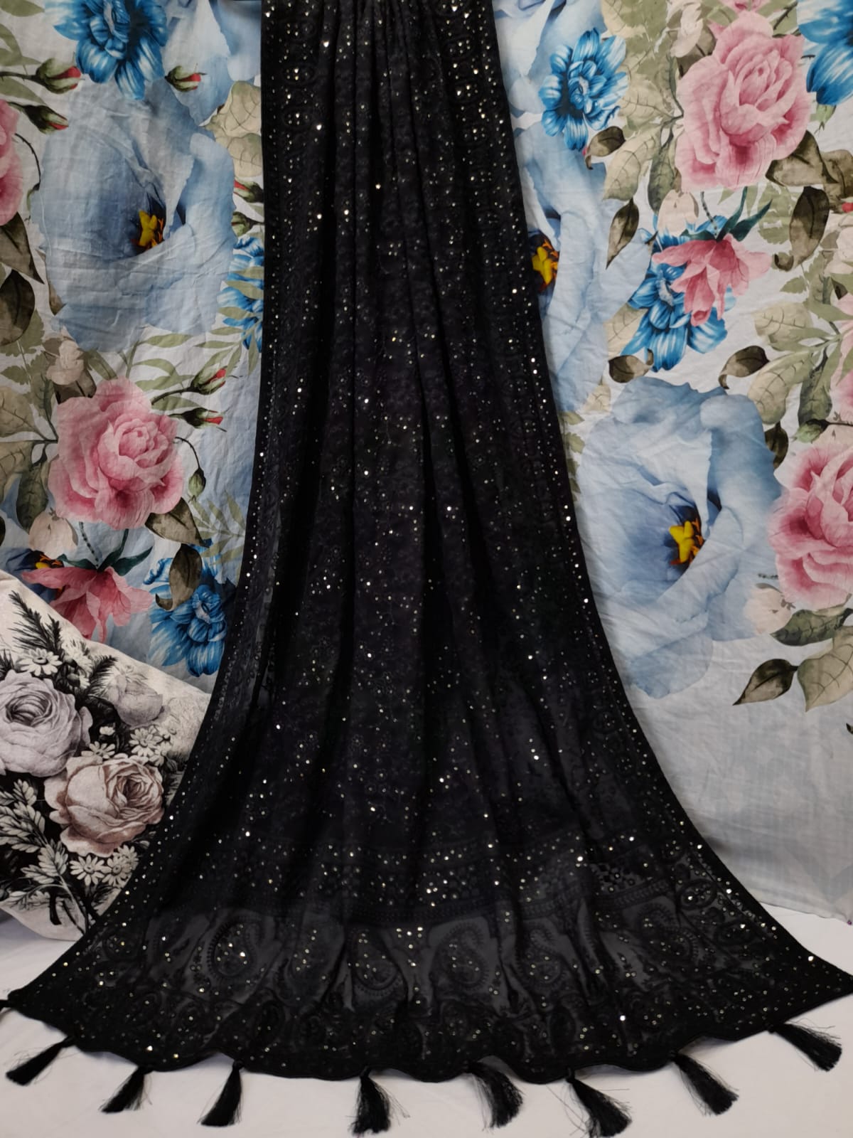 ALLOVER TONE TO TONE LUCKNOWI CHIKANKARI SAREE WITH SEQUENCE WORK ON GEORGETTE saree
