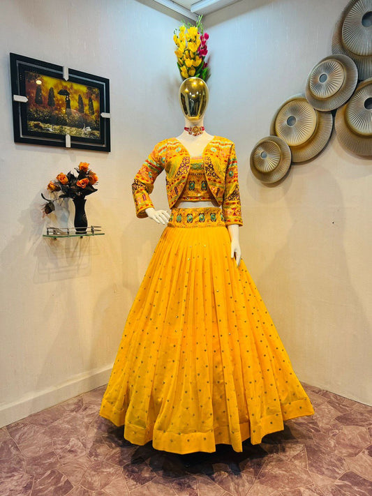 GORGETTE WITH MULTI COLOR EMBROIDERY DUBAL SIQUNCE WORK WITH FULL SLEEVE LENGHA CHOLI