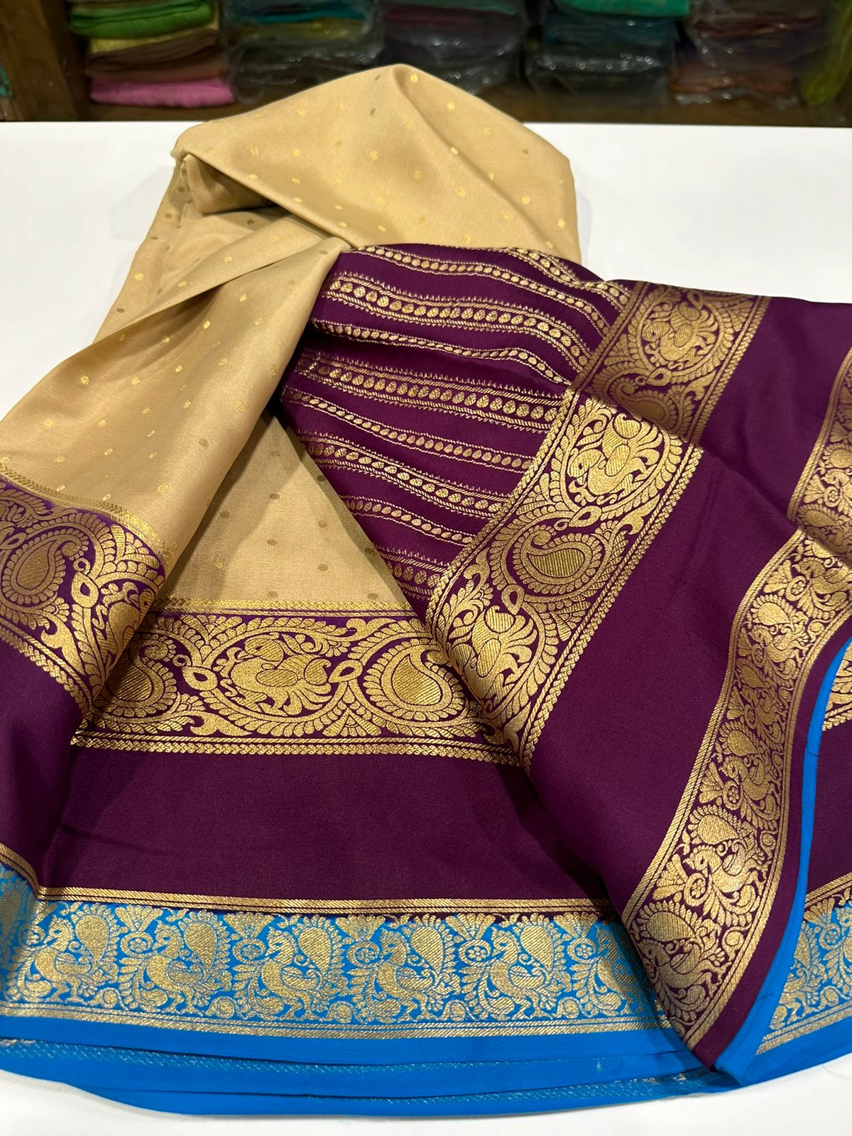 Pure Mysore silk sarees
120 grm thickness  with rich pallu 
Silk mark certified
Big mango n peacock design on border