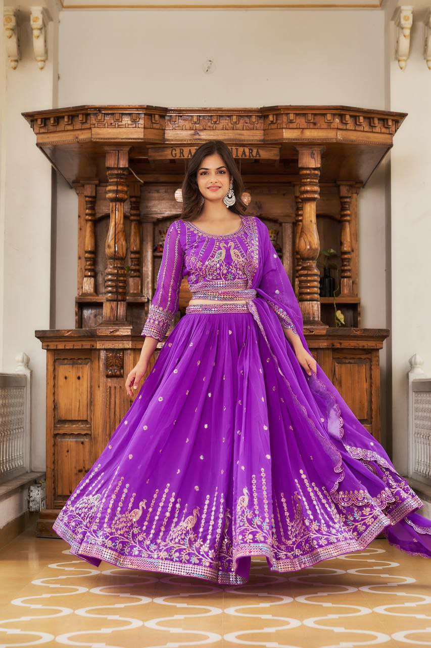 Perfect for mehndi ceremony lehenga choli set. 
Fabric:- Fox Georgette 
Work:- Heavy 7mm multi Sequence Work 
INNER:  Micro Cotton