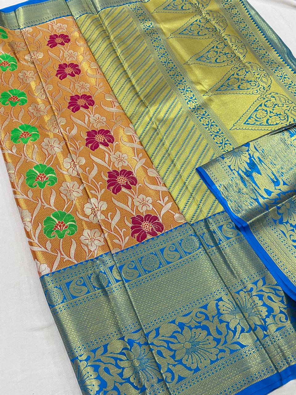 Kanchipuram semi Tishu silk sarees
Beautiful Design 
beautiful tishu bridal Semi silk sarees*