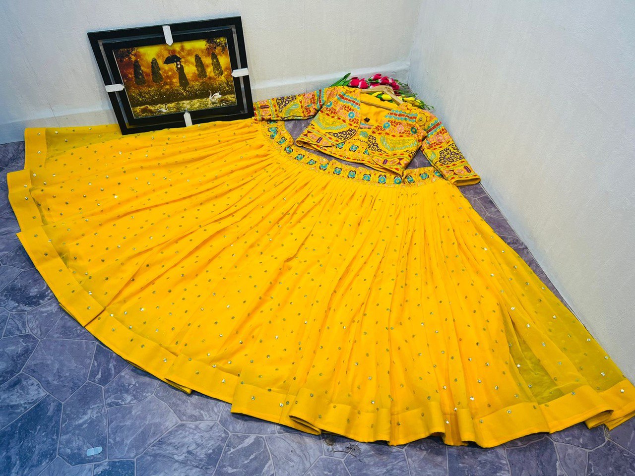 GORGETTE WITH MULTI COLOR EMBROIDERY DUBAL SIQUNCE WORK WITH FULL SLEEVE LENGHA CHOLI
