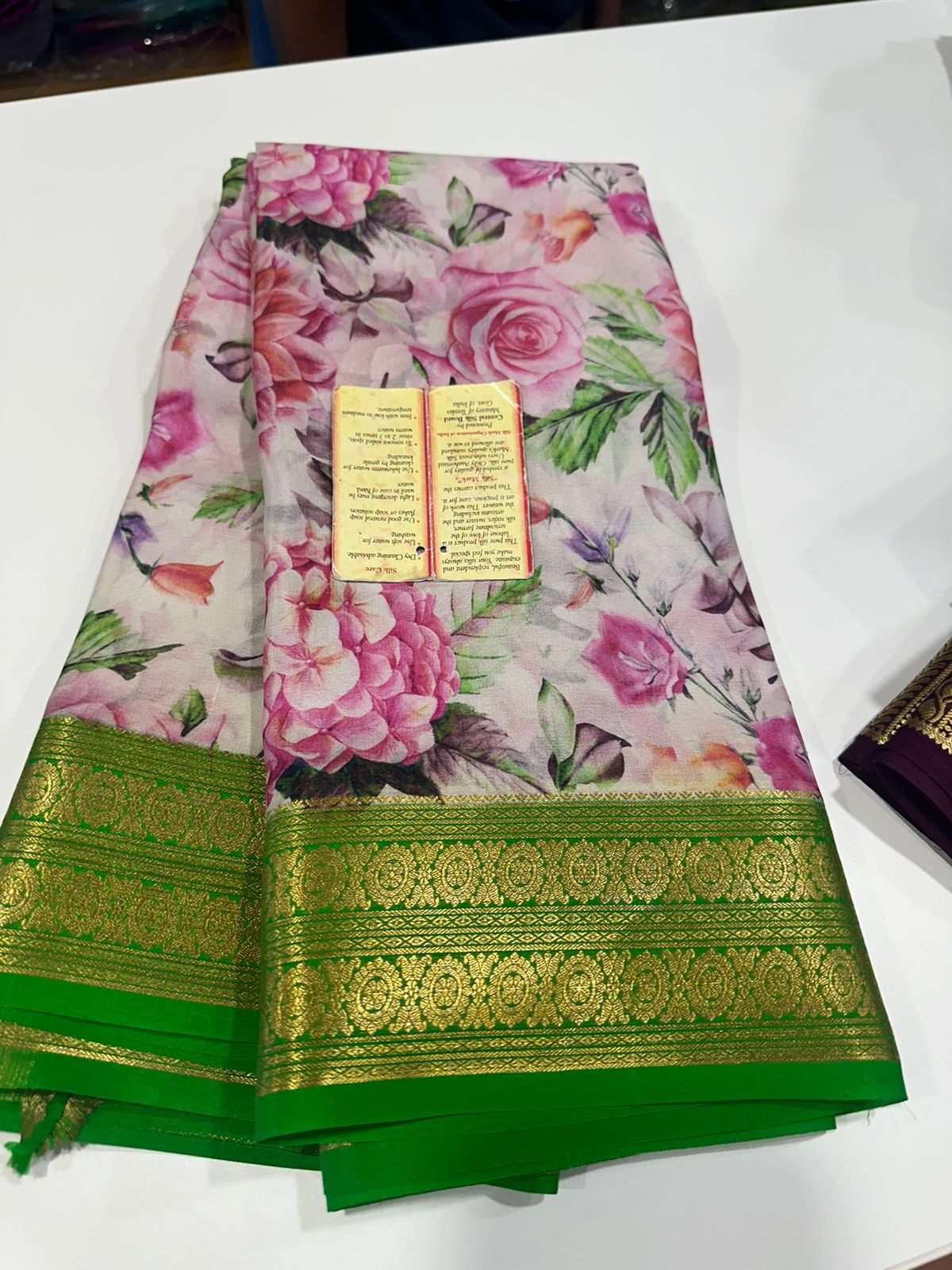 Pure Mysore silk saree
Silk mark certification 
75  grm  thickness 
Comes with contrast  blouse piece 
digital prints Printed Mysore silk sarees with heavy quality