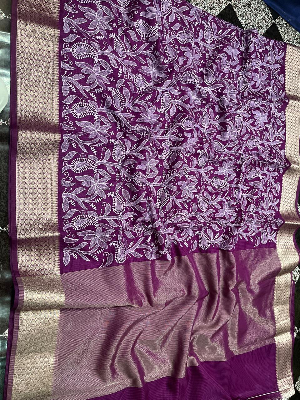 Banarasi Kora Organza Silk Sarees Very Good Quality With Very Beautiful Embroidery Chickenkari Work Weaving Design Border