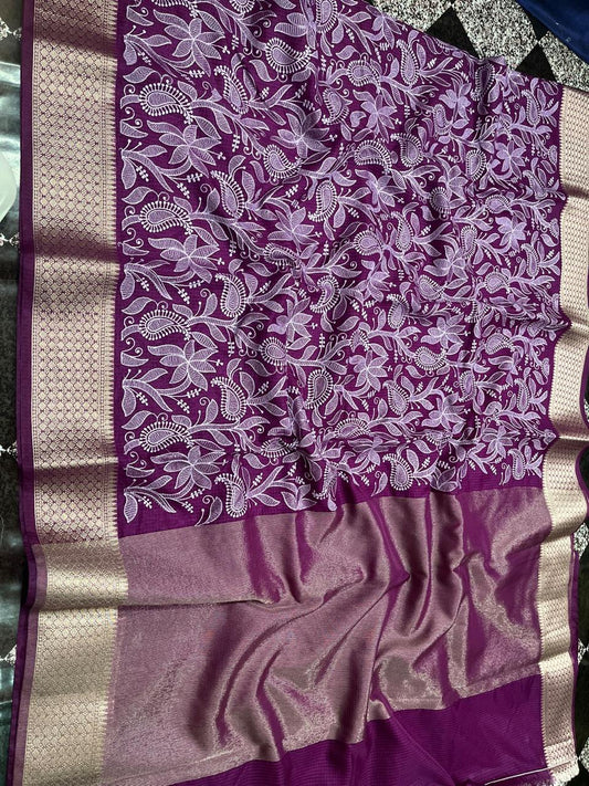Banarasi Kora Organza Silk Sarees Very Good Quality With Very Beautiful Embroidery Chickenkari Work Weaving Design Border