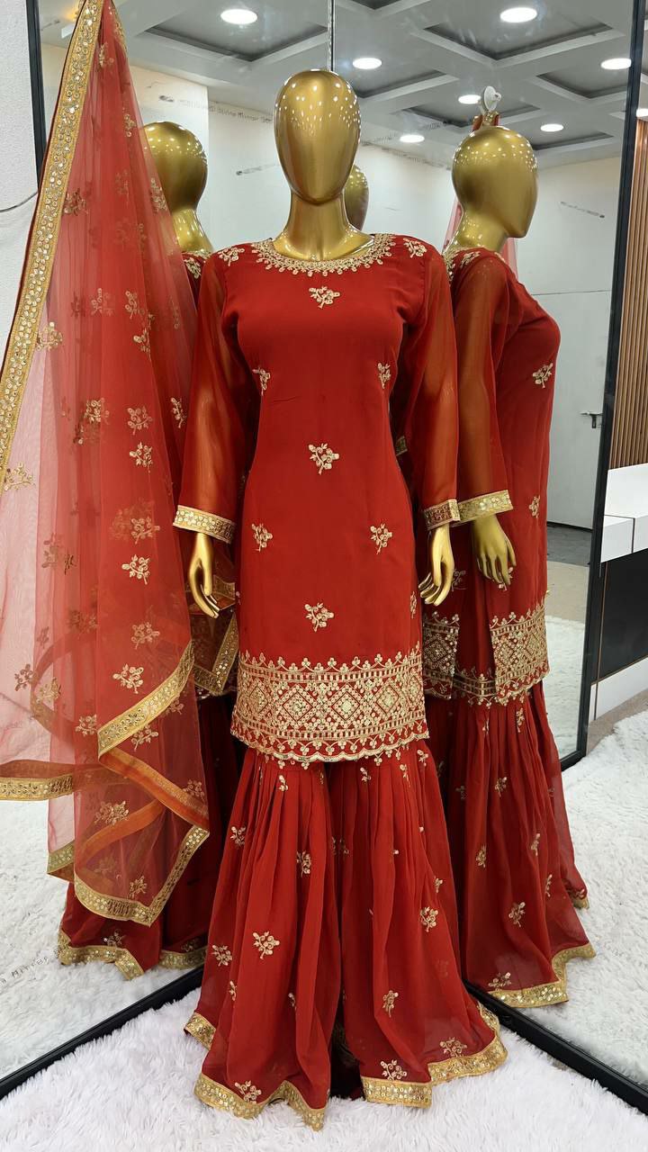 Plazzo suit set Top Fabric : Heavy Faux Georgette With 5mm Embroidery Sequence Work With Full Sleeve
Top Inner  : Heavy Micro Cotton 
Top Length      : 38-39 Inch
Top Size           :      M(38),L(40),XL(42),XXL(44)
(FULLY STITCHING