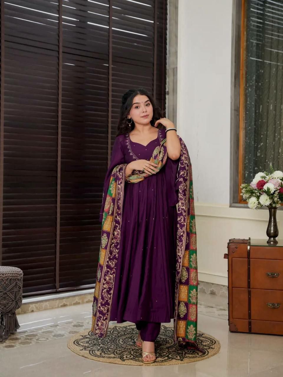 Suti set Pure Chinnon Silk With Embroidery Sequence Work With Fancy Full Sleeve
Top Inner : Heavy Micro Cotton
Top Length. :-48-49Inch 
Top Siz
 M(38),L(40),Xl(42),XXL(44)
(FULLY STITCHED READY TO WEAR)