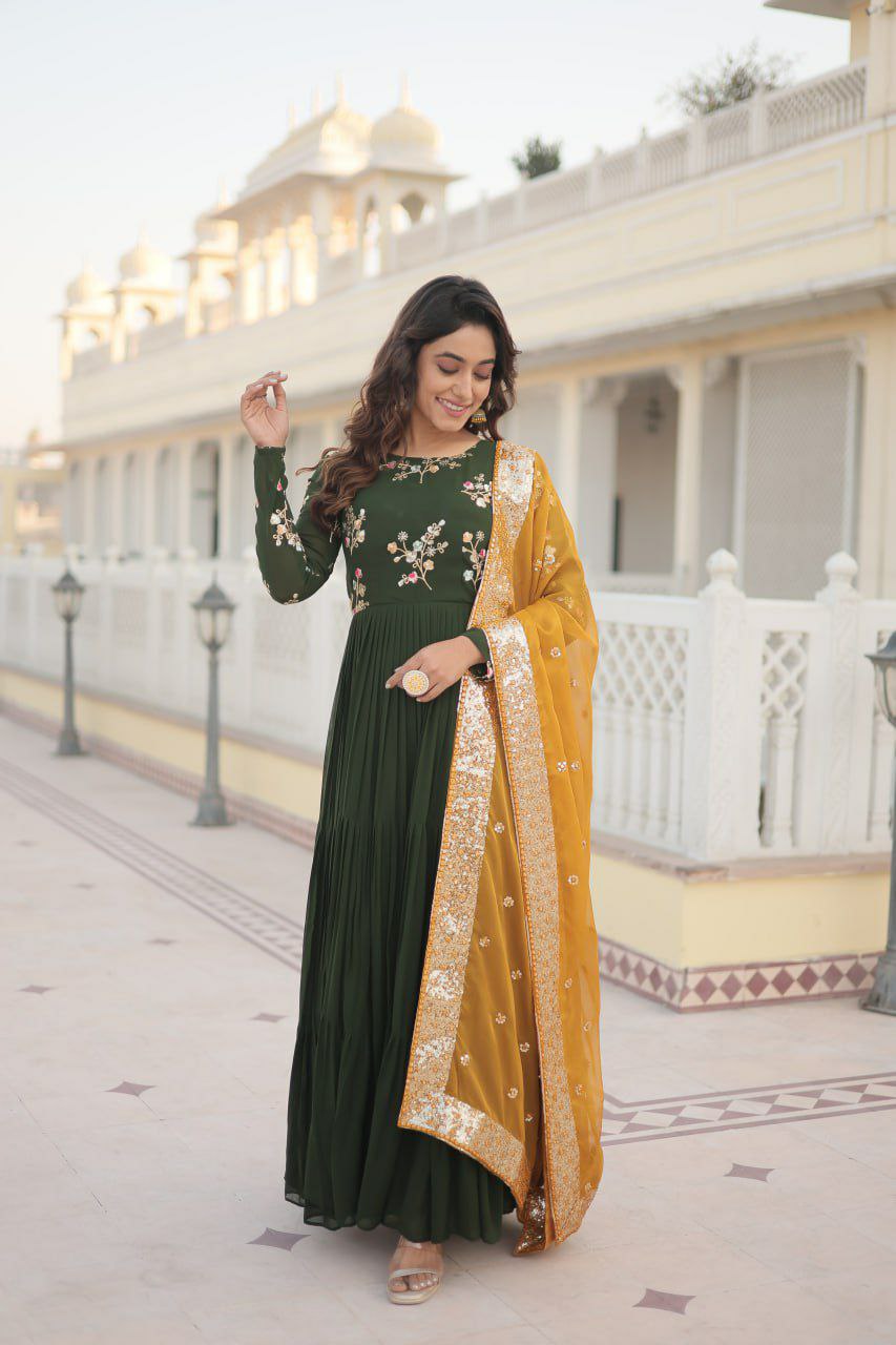 GOWN  set
FABRICS & Work :- Faux Georgette with Embroidered and Multi-Sequins work