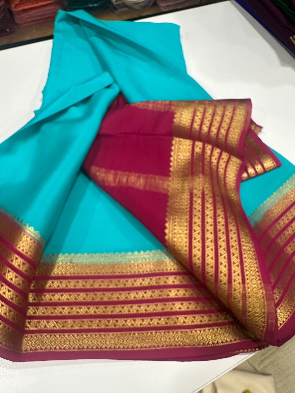 Pure Mysore silk sarees 
110 grm thickness  
Silk mark certified
Traditional lines border mysore silk sarees which comes with beautiful color combination