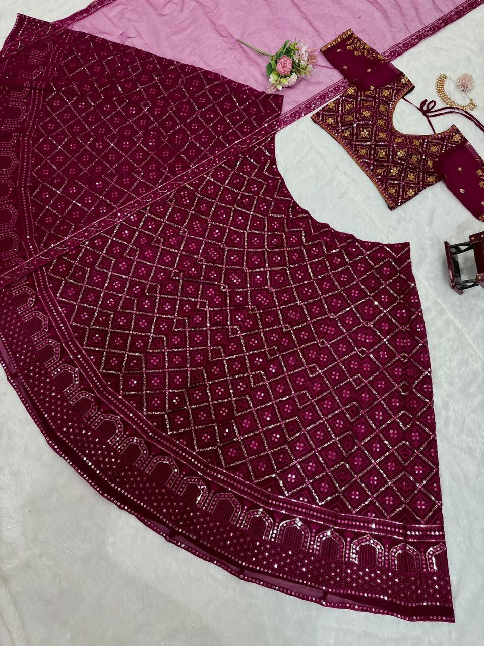 DESIGNER BRIDAL Lehengha 
Fabric : Foux gorgette 
Work  thread with 9mm Sequnce