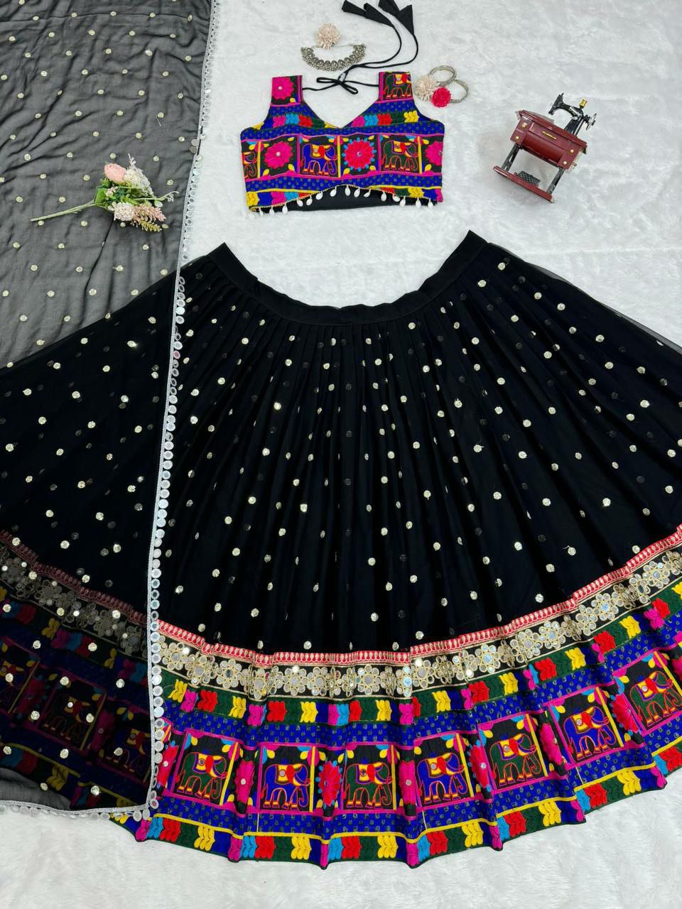 Perfect ring ceremony lehenga choli set :                                   Foux gorgette 
Work : Sequnce with Chainstich work with *Real mirror