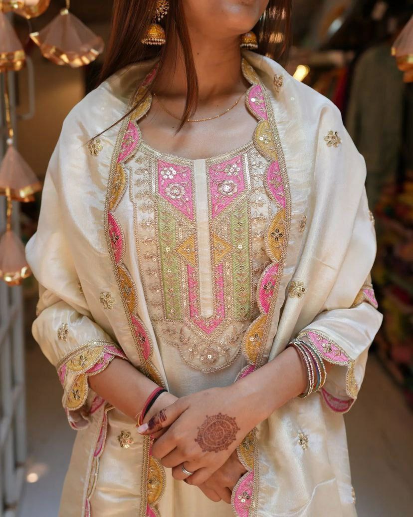Suti set 
TOP FABRIC : VISCOSE CHANDERI WITH SEQUENCE CODING EMBROIDERY WORK