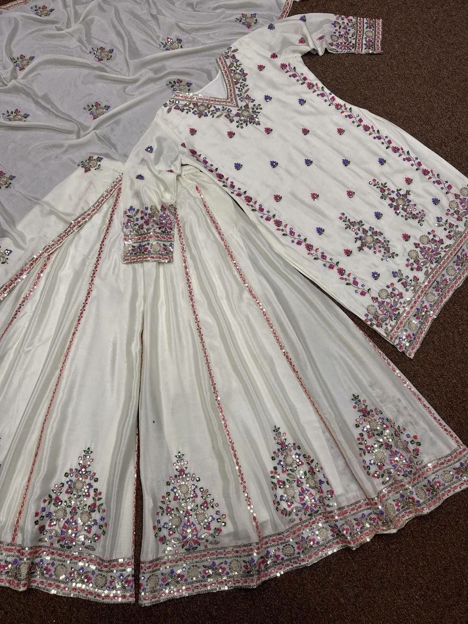 Designe sharara suit set Ready Made Collection Fancy Embroidery And Sequins Work Top - Plazzo With Dupatta
Set