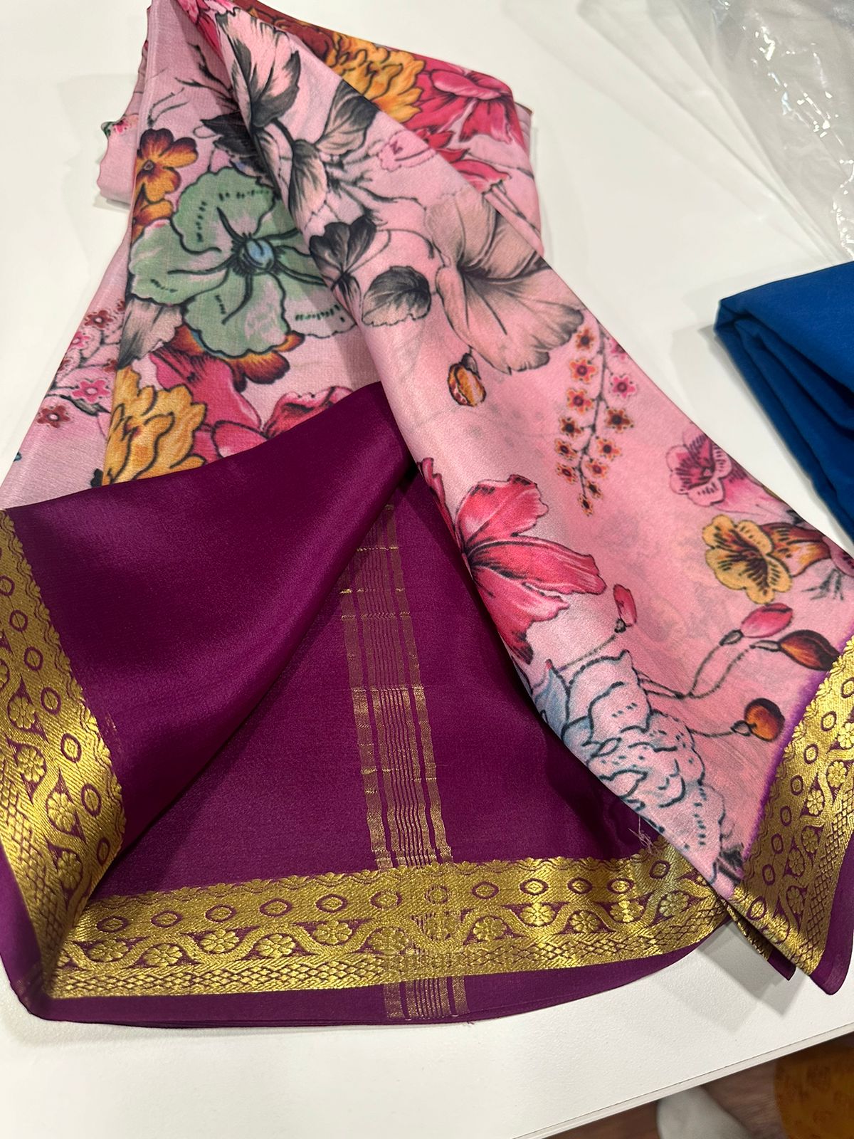 Pure Mysore silk saree
Silk mark certification 
75  grm  thickness 
Comes with contrast  blouse piece 
digital prints Printed Mysore silk sarees with heavy quality