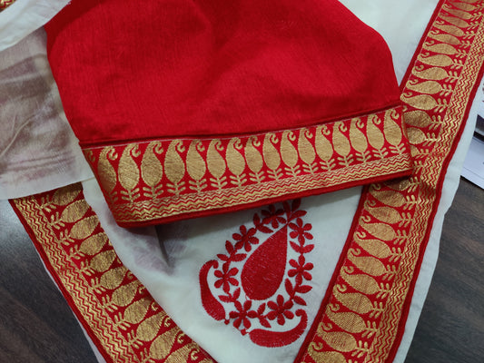 White Red cotton Saree