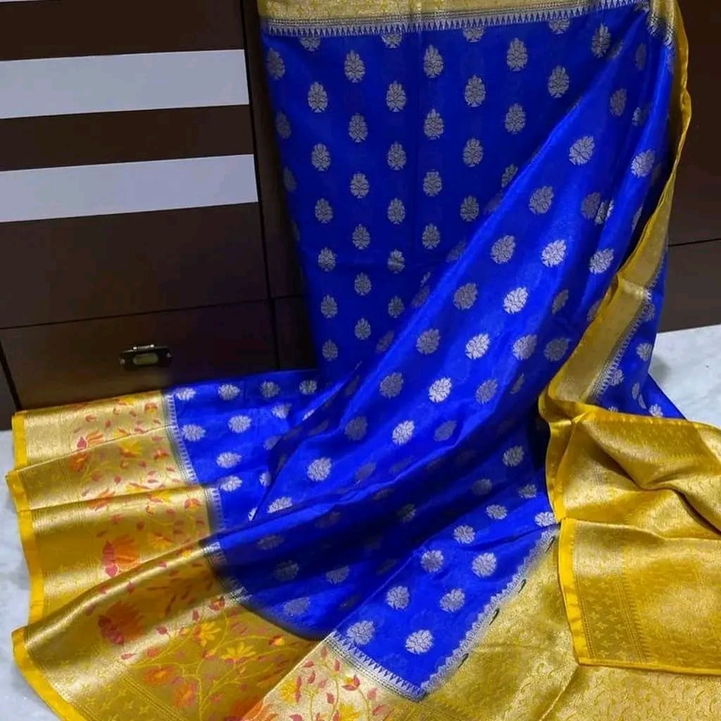 Banarasi Warmsilk Alfi Scurt*
Water Zari and Dupian Mina Work*
Beautiful Colour Combination*
Soft Fabric Light Weight Sarees*