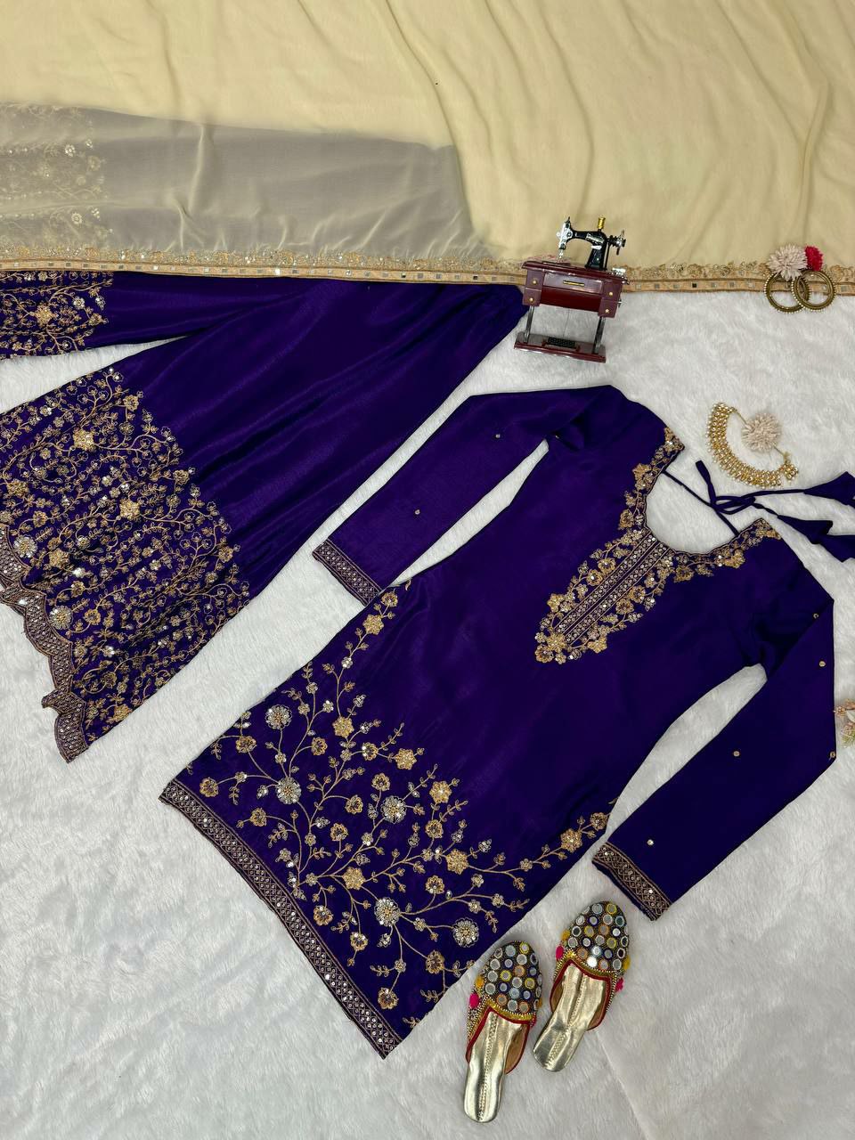 Designer sharara  Suit Set Chinon Silk febric with Inner and Sequnce With Thred work and Sharara on also Chinon Silk Febric With Sequnce With thred work and Dupatta on Faux Georgette Febric with Thred & sequence