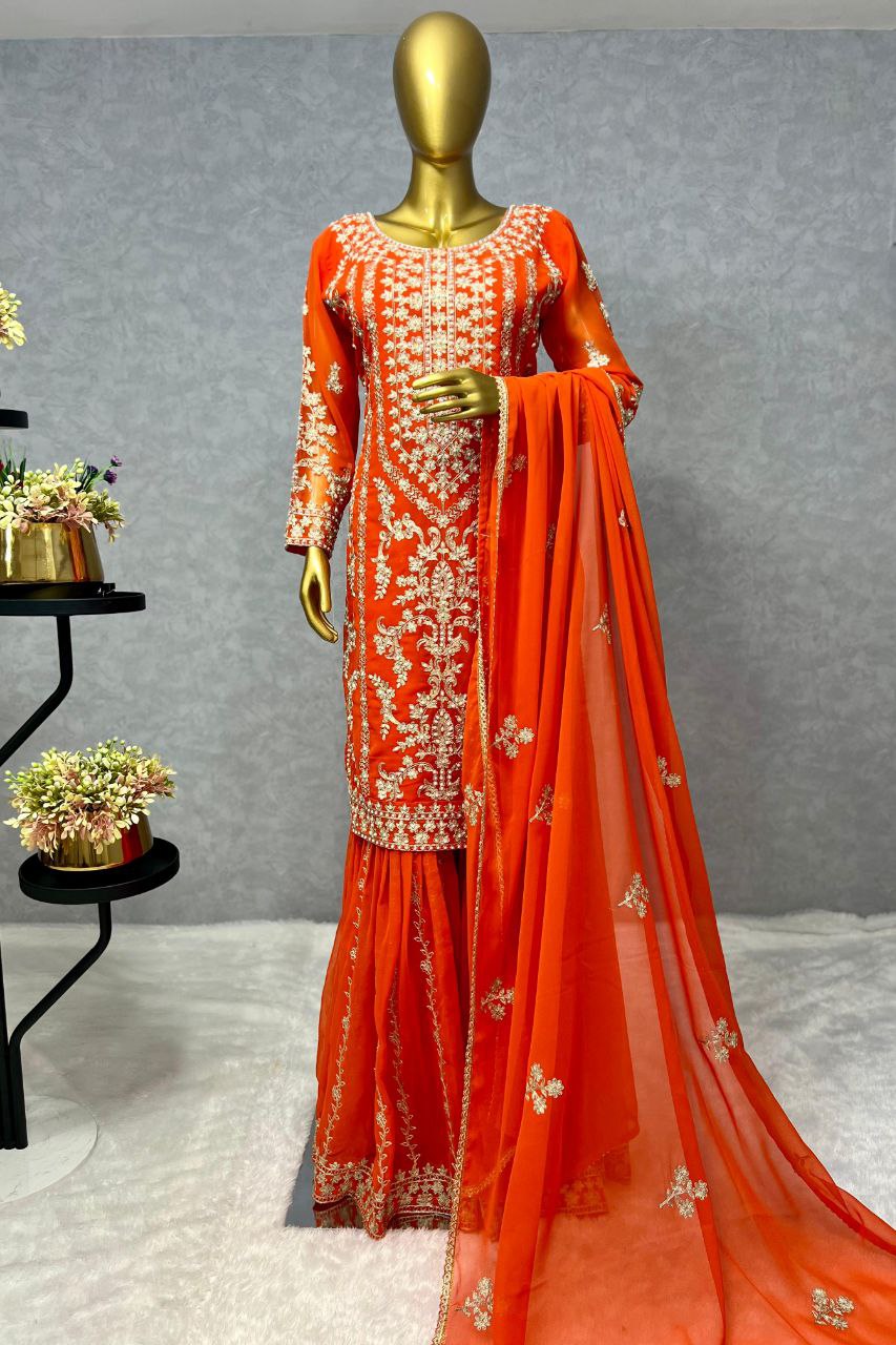 BEAUTIFUL BRIDAL SHARARA SET 3 PIECE KURTI WITH SHARARA AND DUPATTA