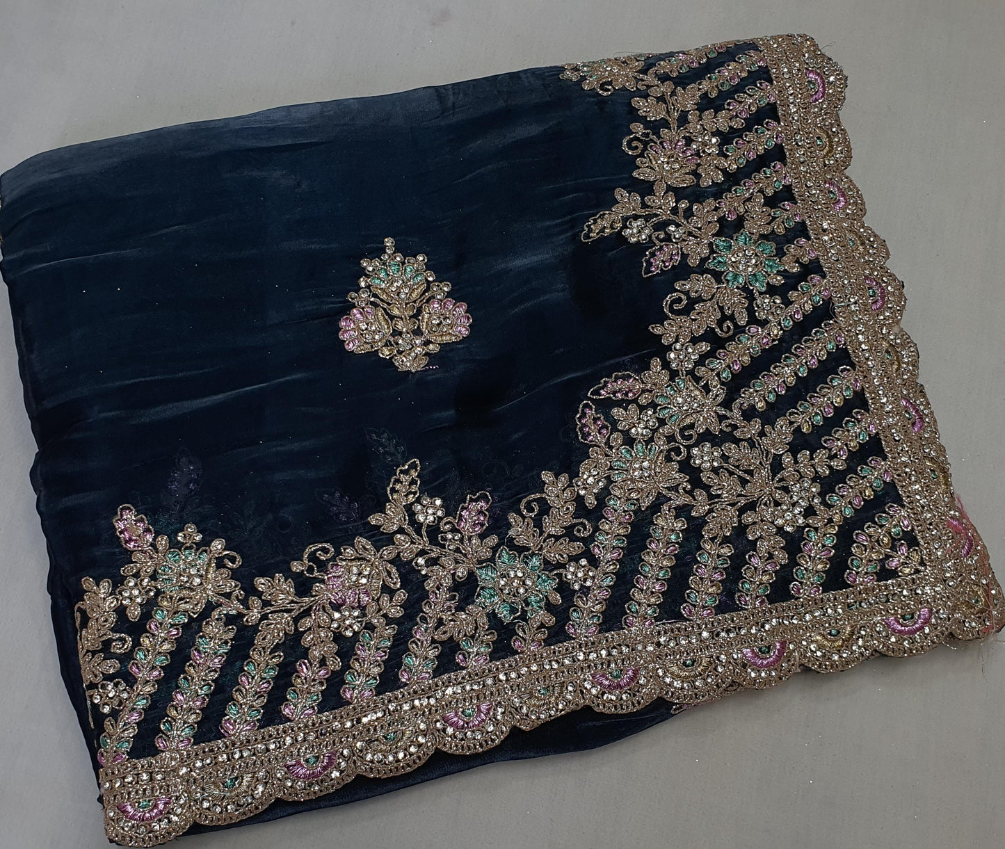 ALLOVER CODING JARI BORDER AND BUTTA WITH JARKAN STONE ON JIMMY CHOO*saree