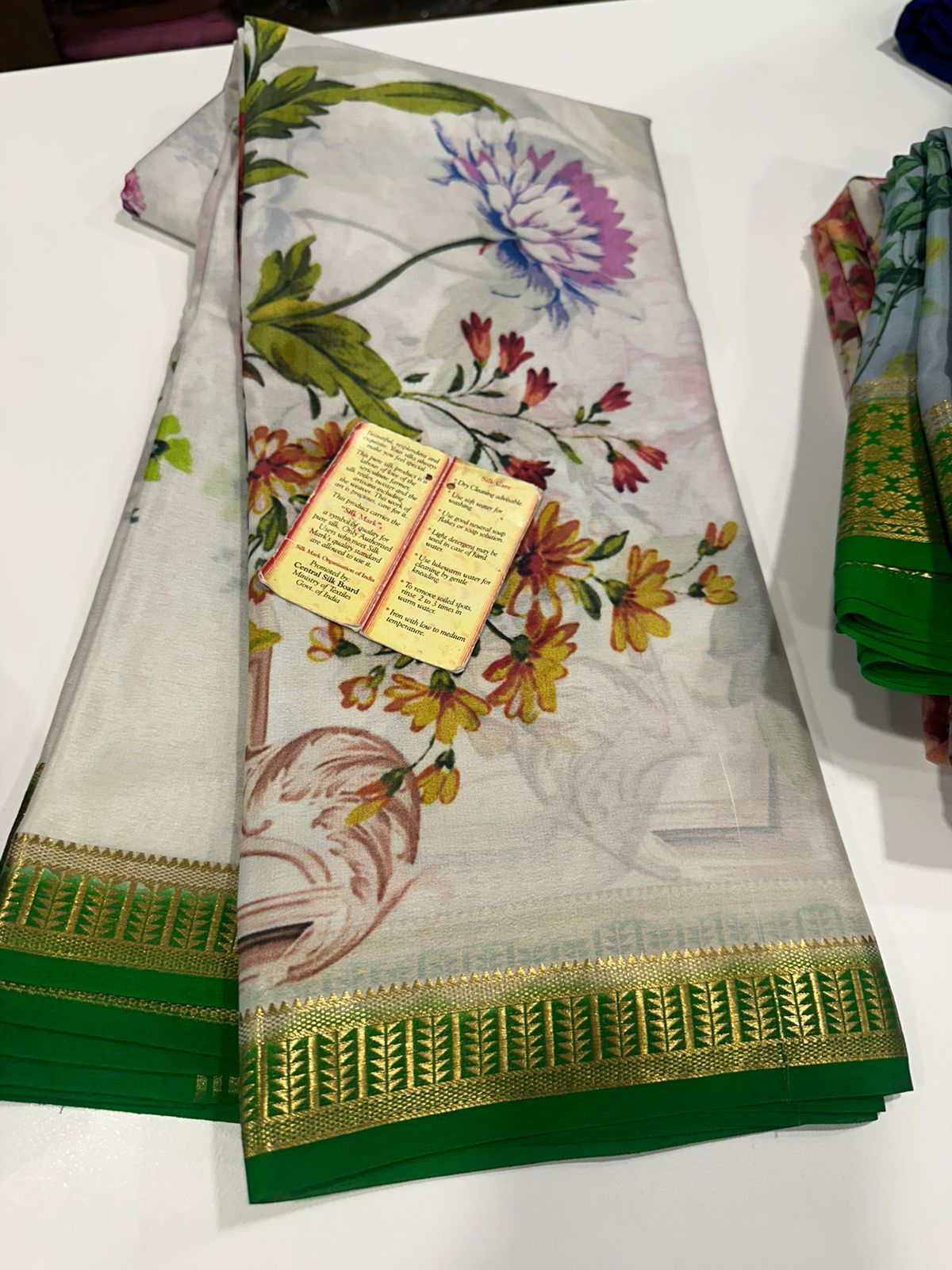 Pure Mysore silk saree
Silk mark certification 
75  grm  thickness 
Comes with contrast  blouse piece 
digital prints Printed Mysore silk sarees with heavy quality