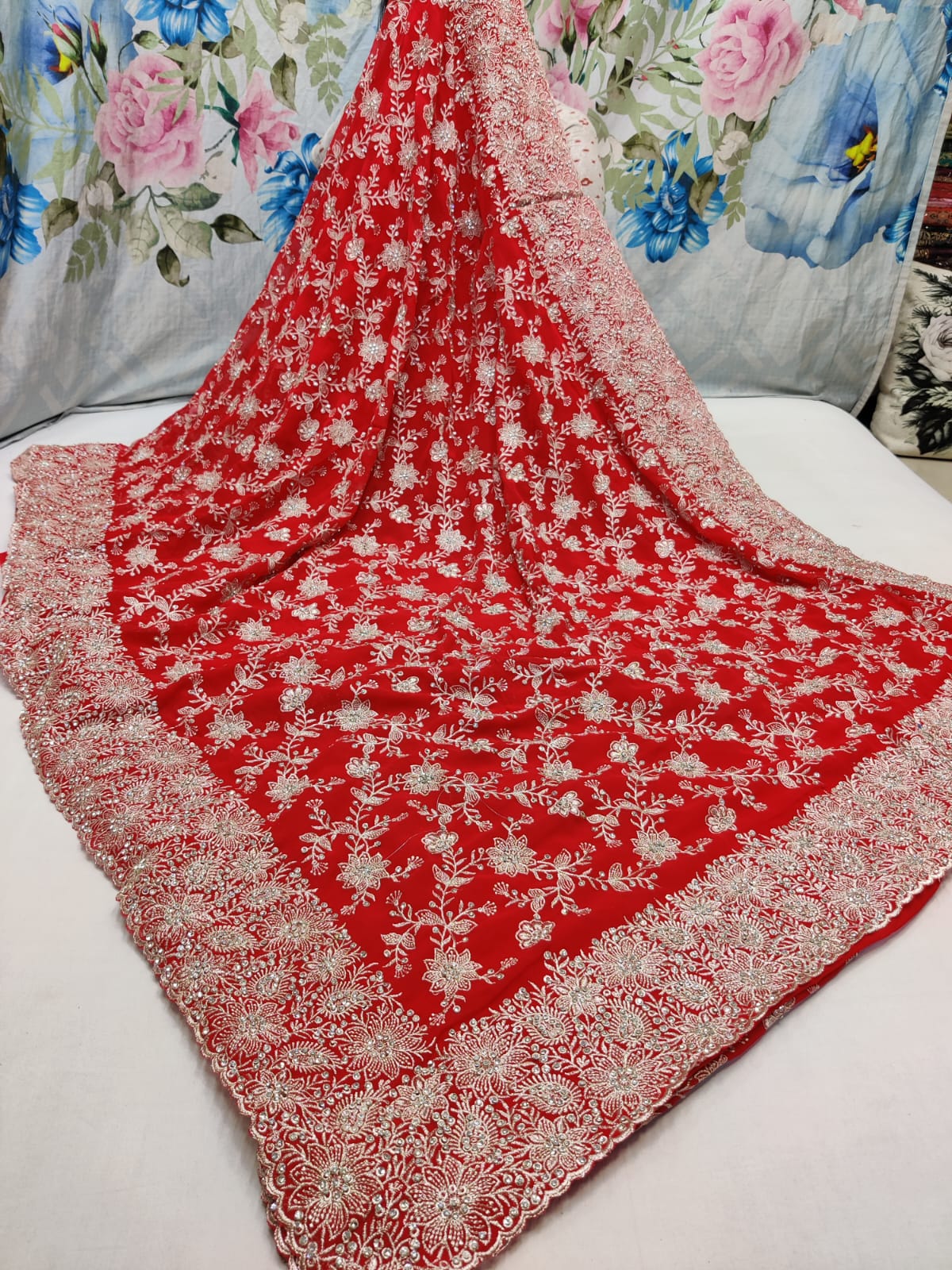 Allover silver jari jall with jarkan stone border on georgette* Saree