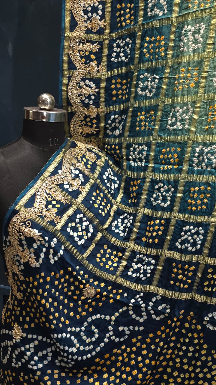 Pure hand gottapatti work
Pure modal gaji silk shaded gharchola gottapatti work designer saree