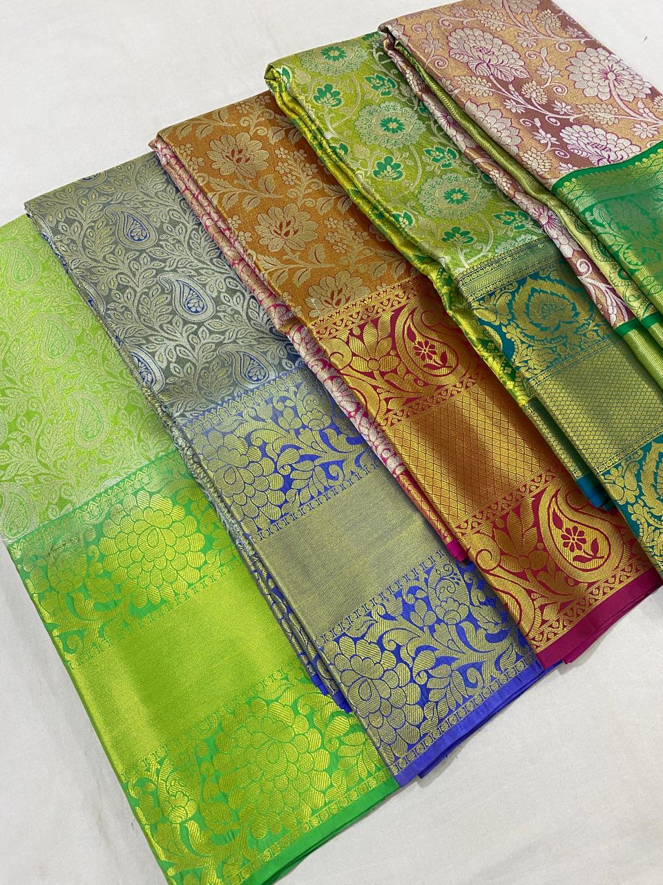 Kanchipuram semi Tishu silk sarees
Beautiful Design 
beautiful tishu bridal Semi silk sarees*
