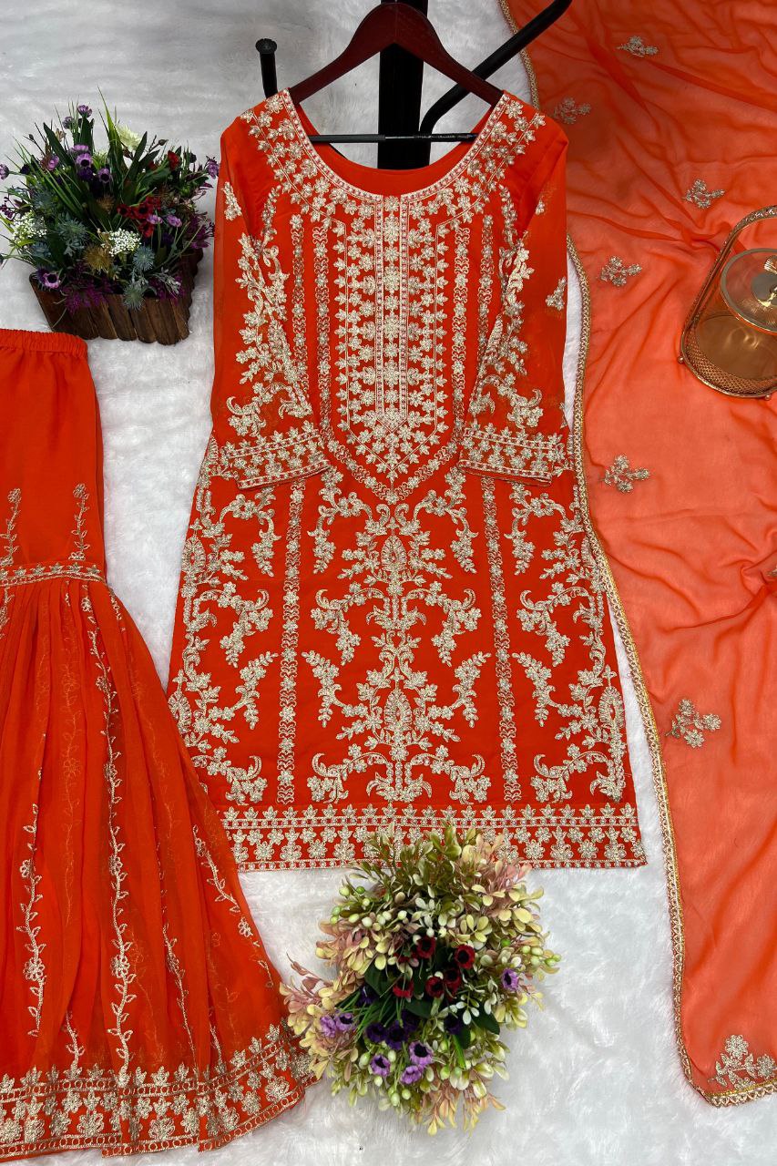 BEAUTIFUL BRIDAL SHARARA SET 3 PIECE KURTI WITH SHARARA AND DUPATTA