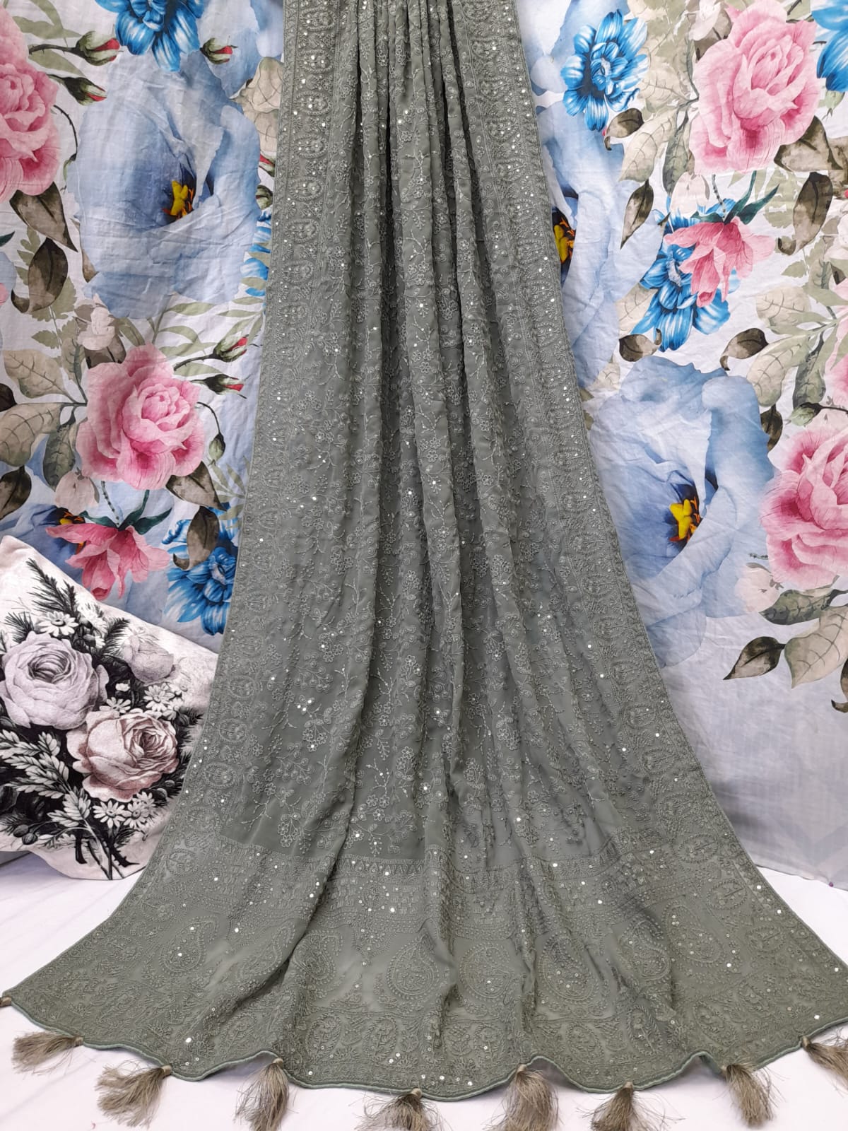 ALLOVER TONE TO TONE LUCKNOWI CHIKANKARI SAREE WITH SEQUENCE WORK ON GEORGETTE saree