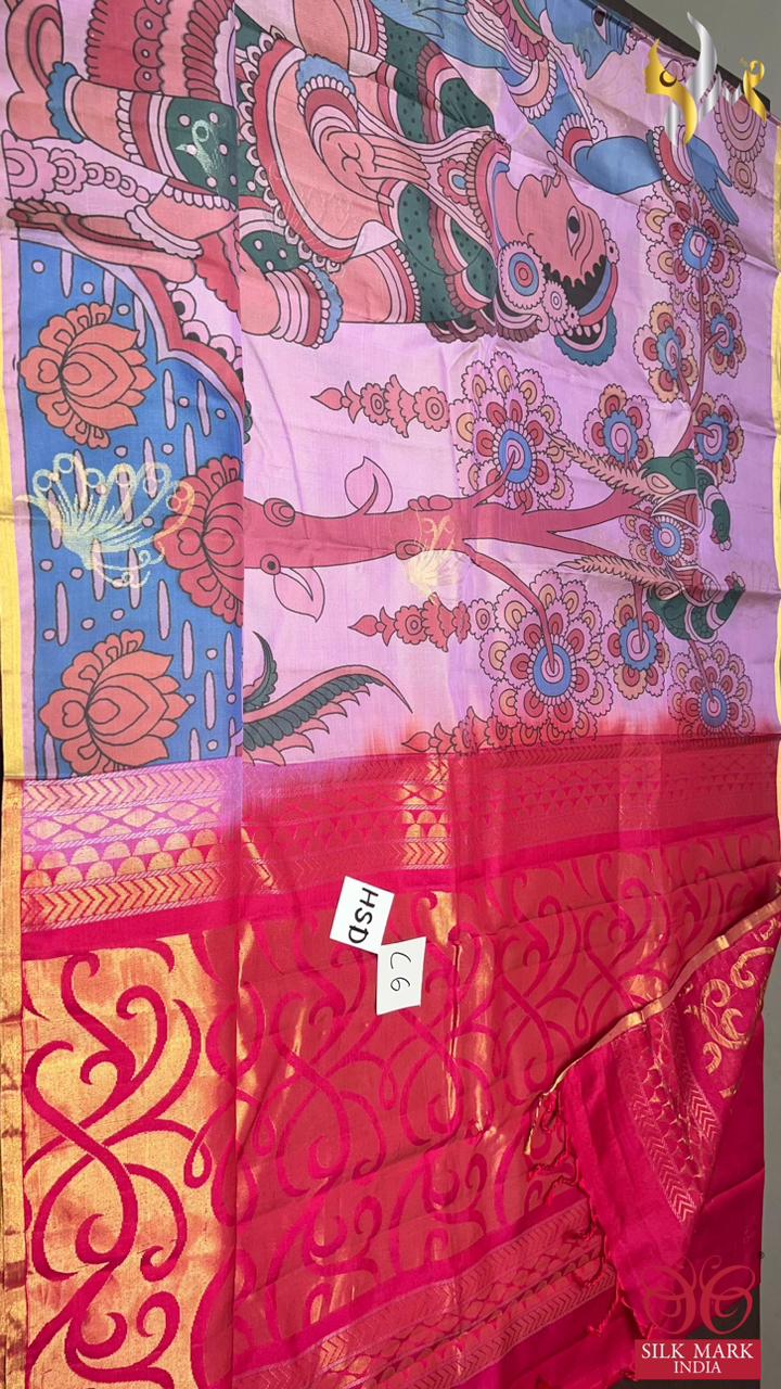 Original kanchipuram handloom silk  exclusive  TRADITIONAL  DESIGN KALAMKARI/PICHWAI design DIGITAL PRINTED Softsilk sarees*