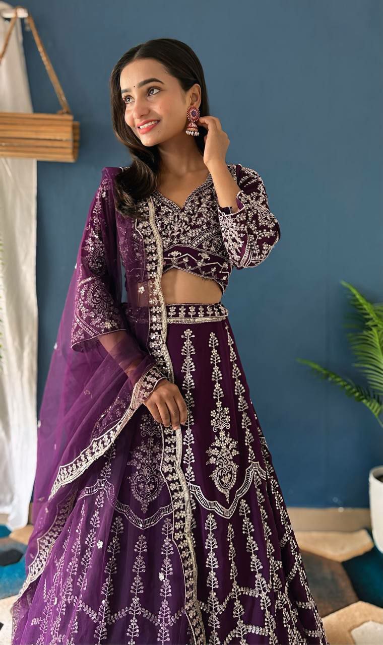 LEHNGA : FAUX GEORGEET WITH EMBROIDERY SEQUENCE DESIGN WORK