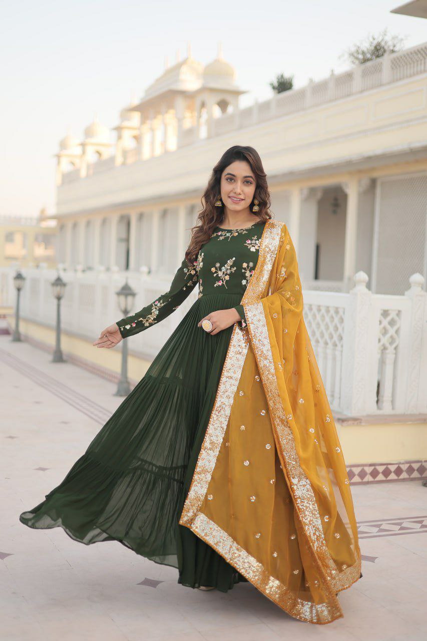 GOWN  set
FABRICS & Work :- Faux Georgette with Embroidered and Multi-Sequins work