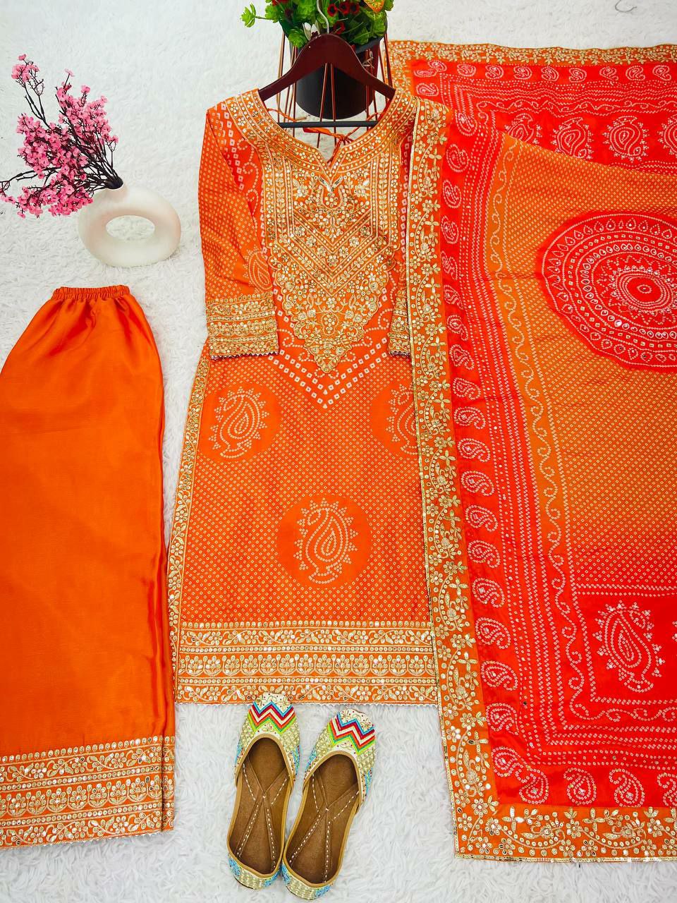 Designer plazo suit set          Heavy Chinon With Digital Print With Embroidery Sequence Work With Heavy With Full Sleeve