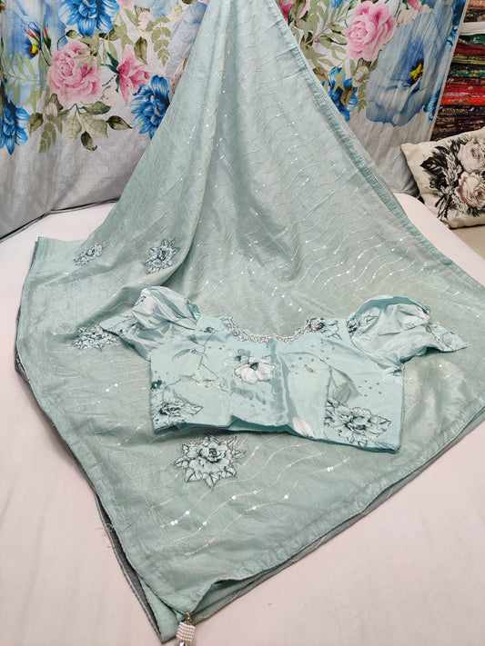 ALLOVER SEQUENCE WORK FLORAL BUTTA WITH KHATLE WORK ON CRUSH GEORGETTE*
Saree