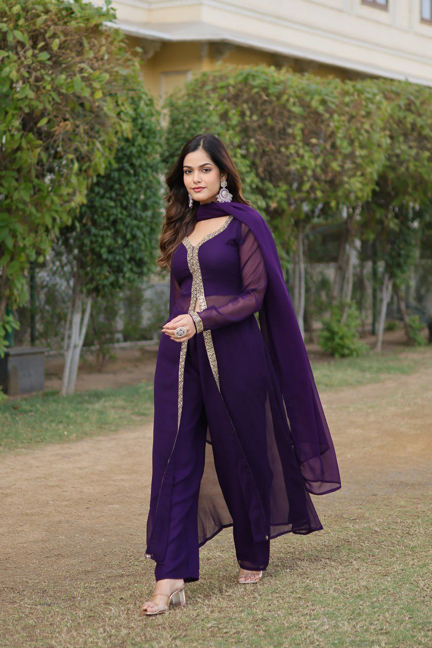 Fancy suit set                        FABRIC & WORK :- Faux Blooming With Embroidered Work