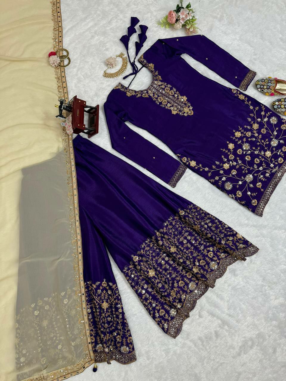 Designer sharara  Suit Set Chinon Silk febric with Inner and Sequnce With Thred work and Sharara on also Chinon Silk Febric With Sequnce With thred work and Dupatta on Faux Georgette Febric with Thred & sequence