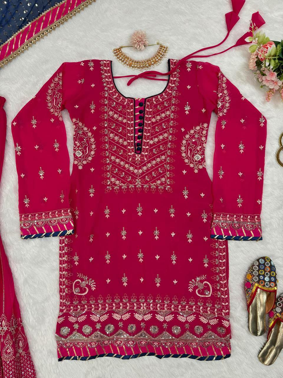Perfect bridal sharara suit set Fabric :  Foux gorgette 
Inner  : Micro
Work   : thread with Sequnce  
Stich    : M(38),L(40),XL(42) with xxl margin