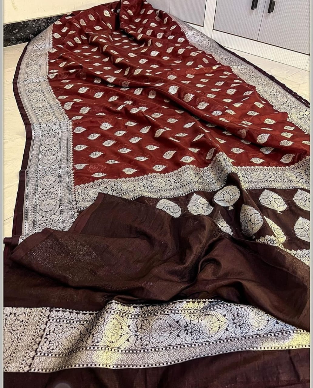 Banarasi Georgette Semi Katan 
Sarees Pure Silk Look With Exclusive Silver Zari Woven  Border Butis Body Rich Jacquard Pallu