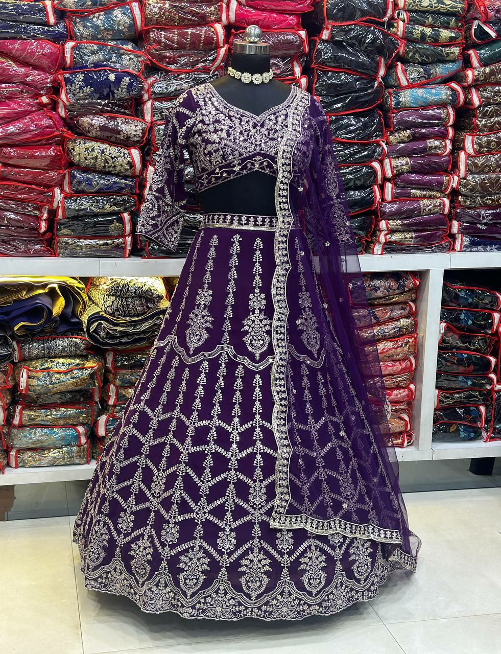 LEHNGA : FAUX GEORGEET WITH EMBROIDERY SEQUENCE DESIGN WORK