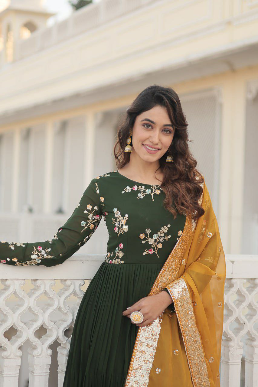 GOWN  set
FABRICS & Work :- Faux Georgette with Embroidered and Multi-Sequins work