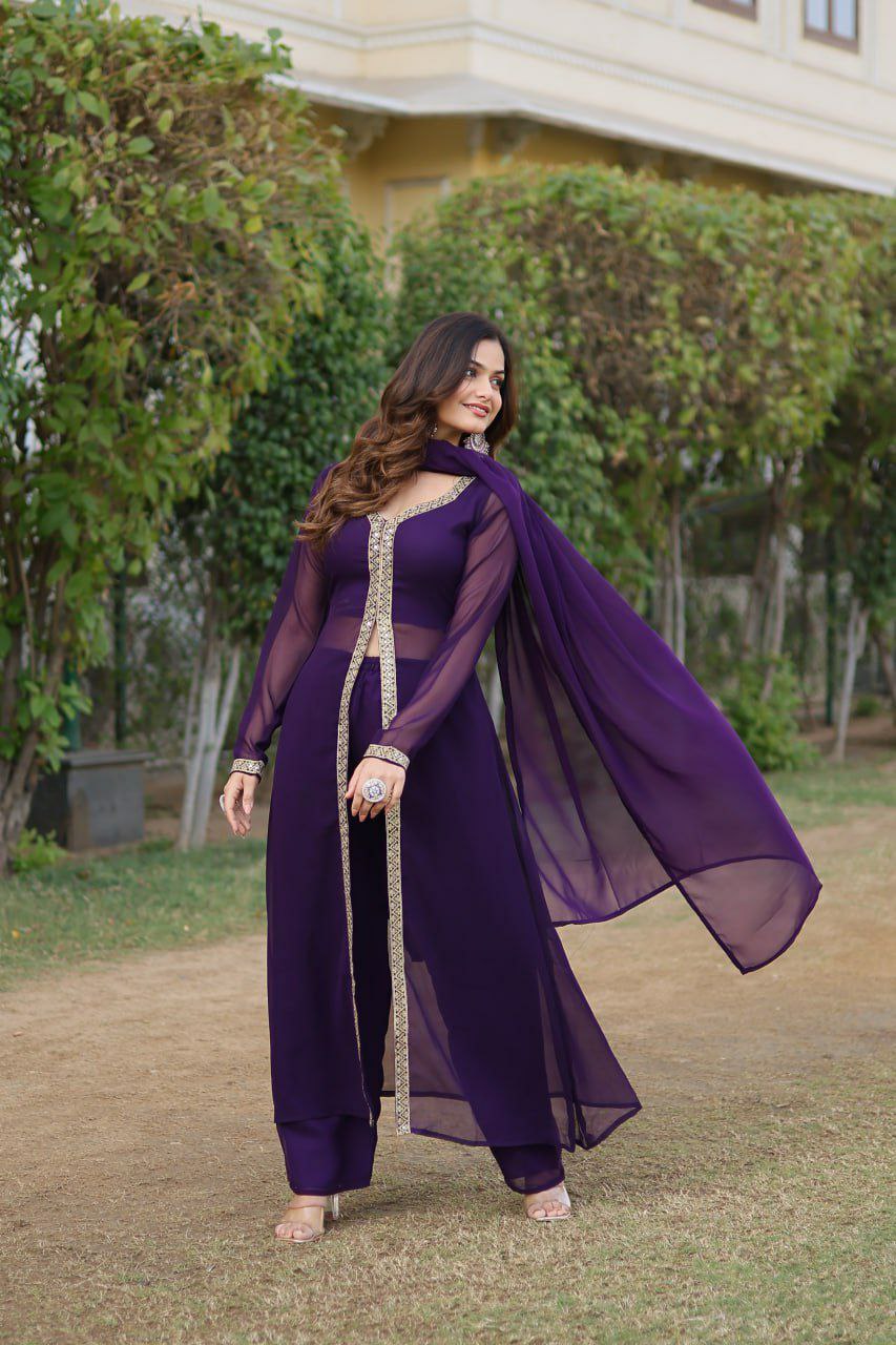 Fancy suit set                        FABRIC & WORK :- Faux Blooming With Embroidered Work