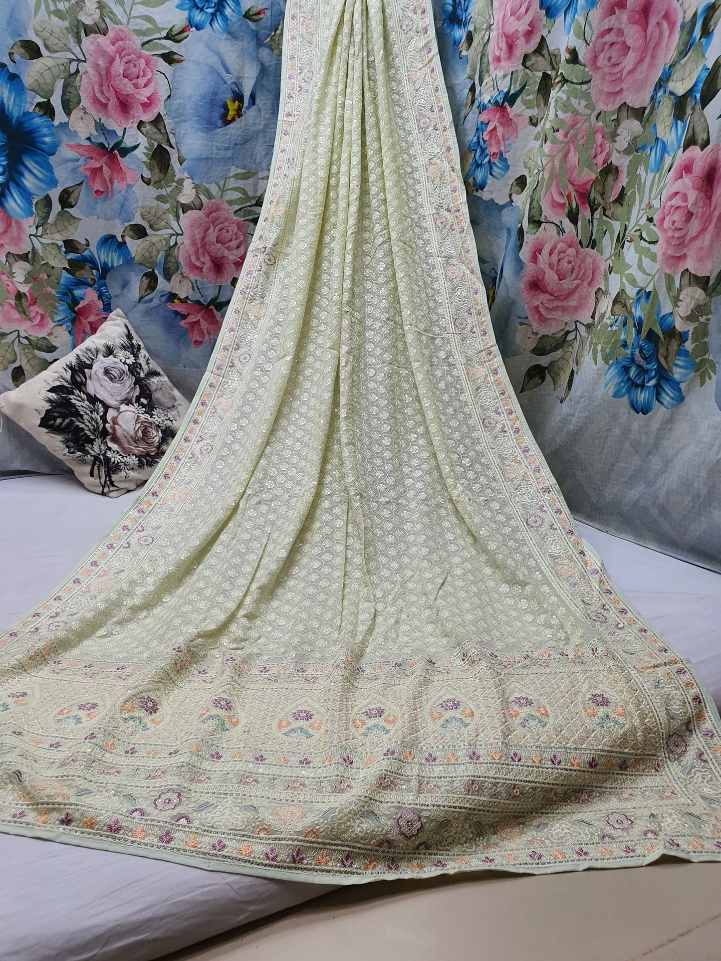 Allover lucknowi chikankari work with parsi work on Georgette*
Saree