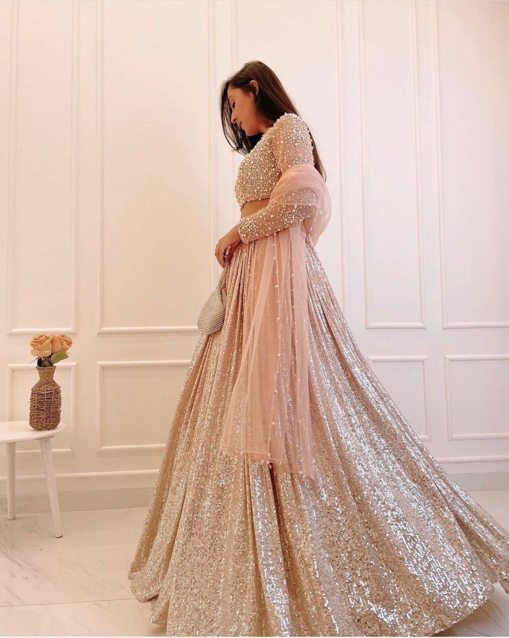 Party wear lehenga collection satin silk padding lehnga with sequence work 
Flair 3 meter
Can can attach
 Net blouse with Pearl , sequnece & zari work all over front & back ( Unstich )
Net Duppata with Pearl border work