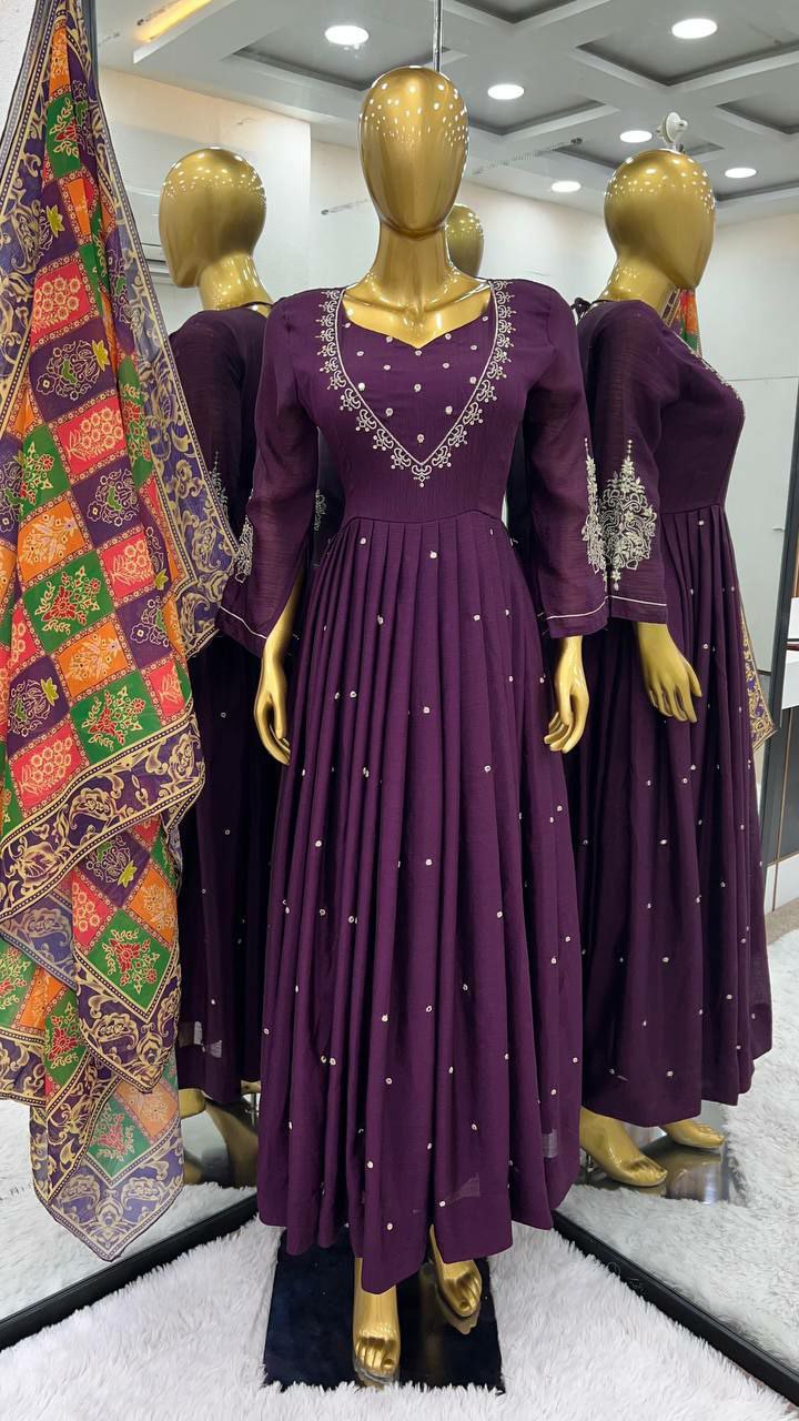 Suti set Pure Chinnon Silk With Embroidery Sequence Work With Fancy Full Sleeve
Top Inner : Heavy Micro Cotton
Top Length. :-48-49Inch 
Top Siz
 M(38),L(40),Xl(42),XXL(44)
(FULLY STITCHED READY TO WEAR)