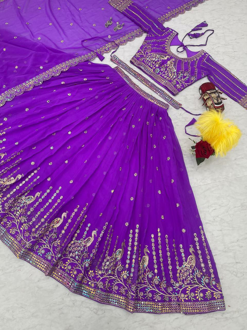 Perfect for mehndi ceremony lehenga choli set. 
Fabric:- Fox Georgette 
Work:- Heavy 7mm multi Sequence Work 
INNER:  Micro Cotton