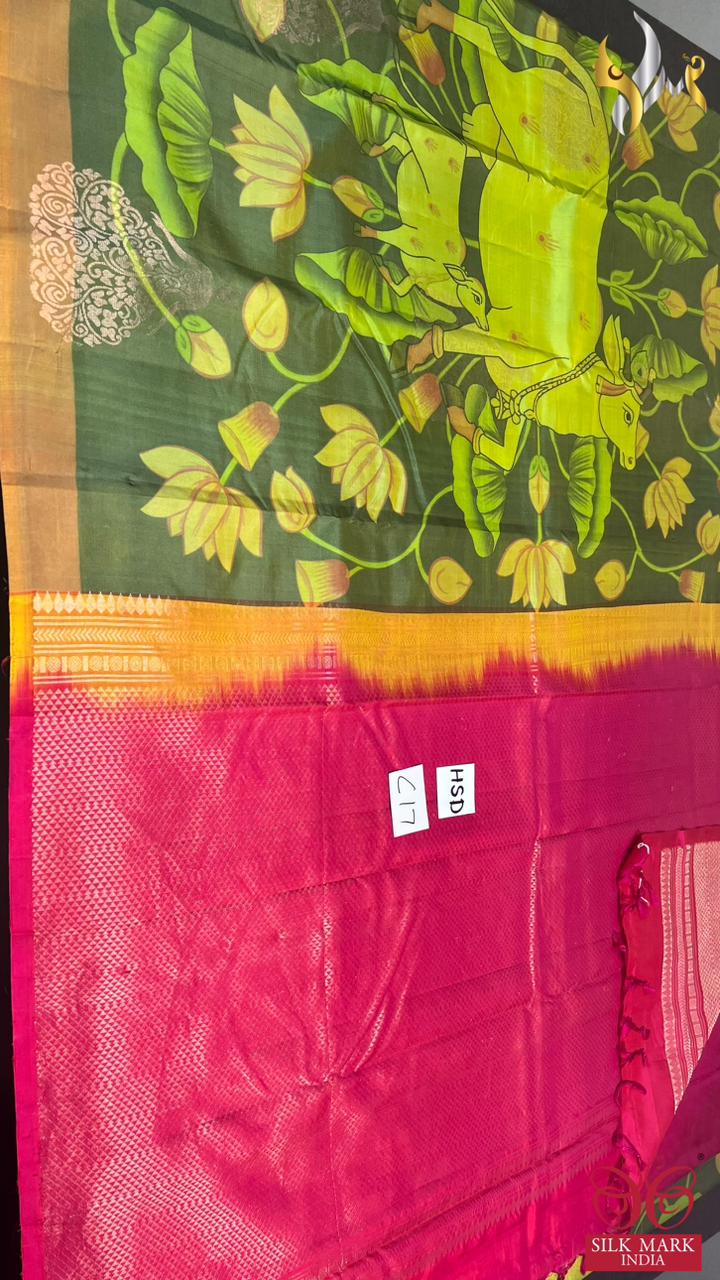 Original kanchipuram handloom silk  exclusive  TRADITIONAL  DESIGN KALAMKARI/PICHWAI design DIGITAL PRINTED Softsilk sarees*
